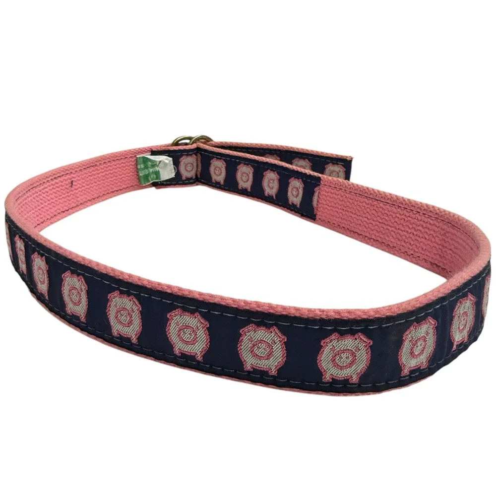 Leather Man Ltd D-Ring Belt Womens S Navy Pink‎ Pig Embroidered Excellent Preppy